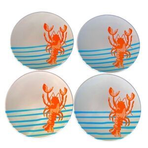 4-PIECE MELAMINE PLASTIC SET APPETIZER PLATES LOBSTER AQUA STRIPE DESIGN